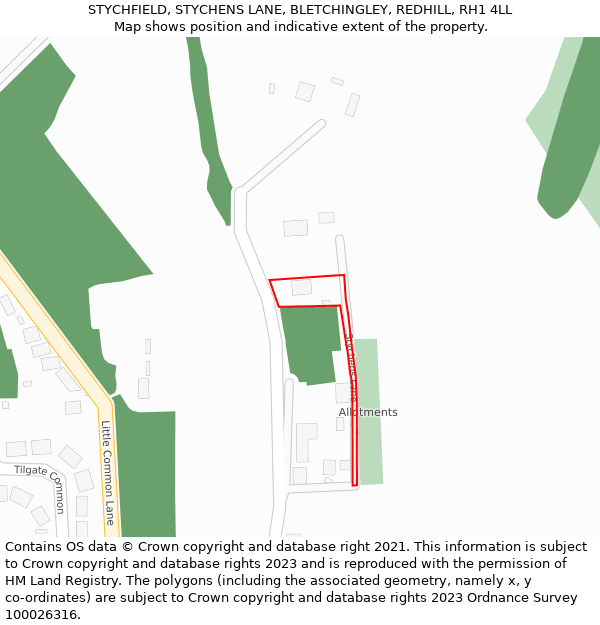 STYCHFIELD, STYCHENS LANE, BLETCHINGLEY, REDHILL, RH1 4LL: Location map and indicative extent of plot