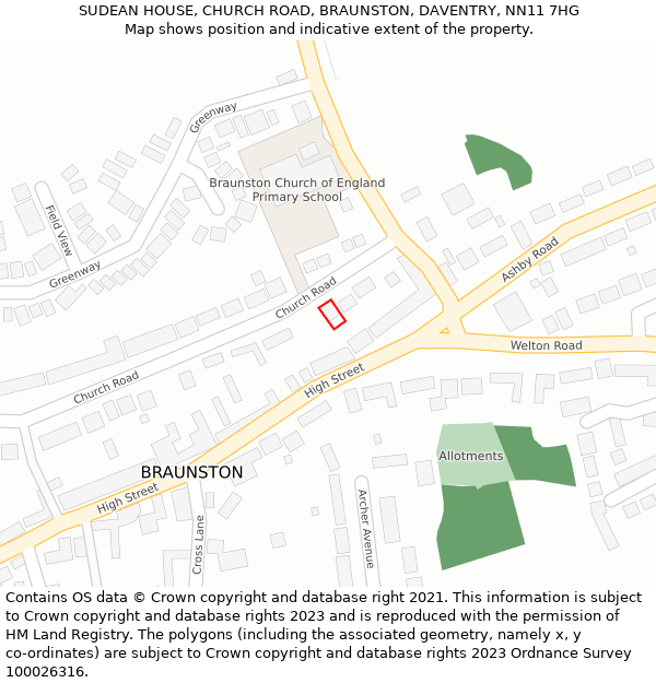 SUDEAN HOUSE, CHURCH ROAD, BRAUNSTON, DAVENTRY, NN11 7HG: Location map and indicative extent of plot