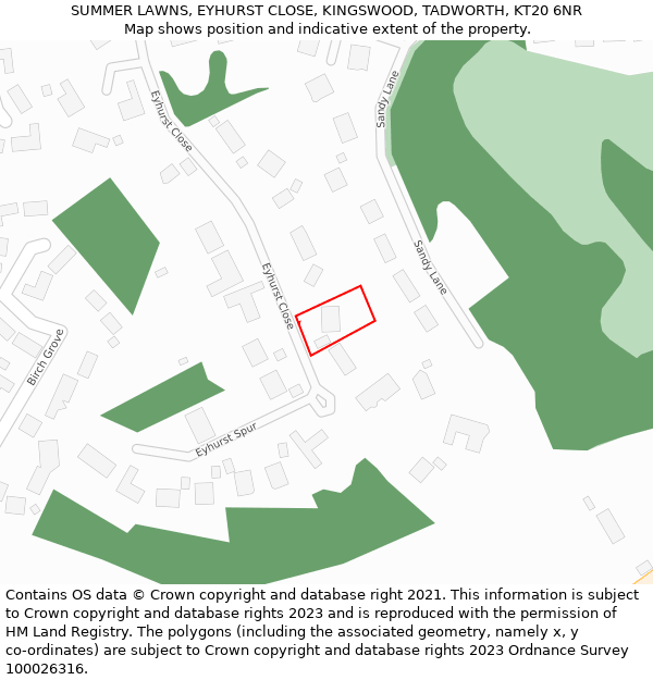 SUMMER LAWNS, EYHURST CLOSE, KINGSWOOD, TADWORTH, KT20 6NR: Location map and indicative extent of plot