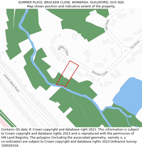 SUMMER PLACE, BRACKEN CLOSE, WONERSH, GUILDFORD, GU5 0QS: Location map and indicative extent of plot