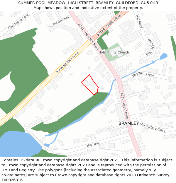 SUMMER POOL MEADOW, HIGH STREET, BRAMLEY, GUILDFORD, GU5 0HB: Location map and indicative extent of plot