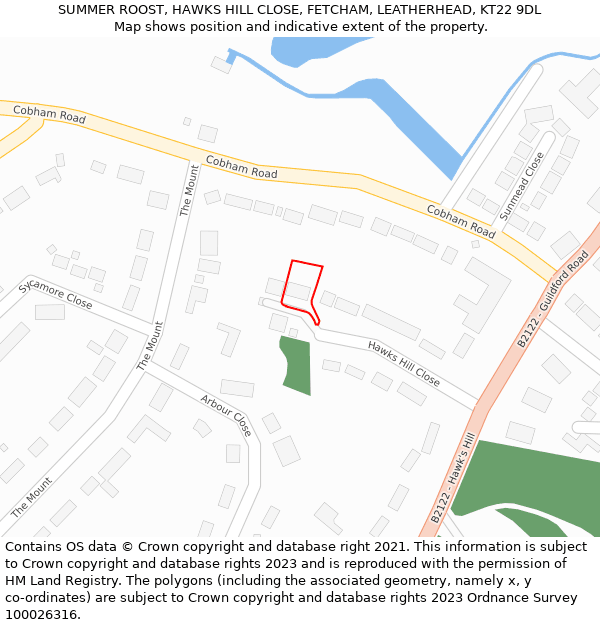 SUMMER ROOST, HAWKS HILL CLOSE, FETCHAM, LEATHERHEAD, KT22 9DL: Location map and indicative extent of plot