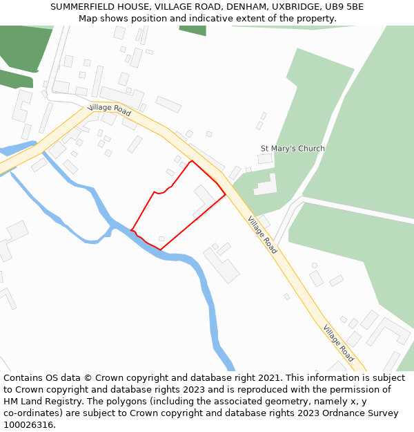 SUMMERFIELD HOUSE, VILLAGE ROAD, DENHAM, UXBRIDGE, UB9 5BE: Location map and indicative extent of plot