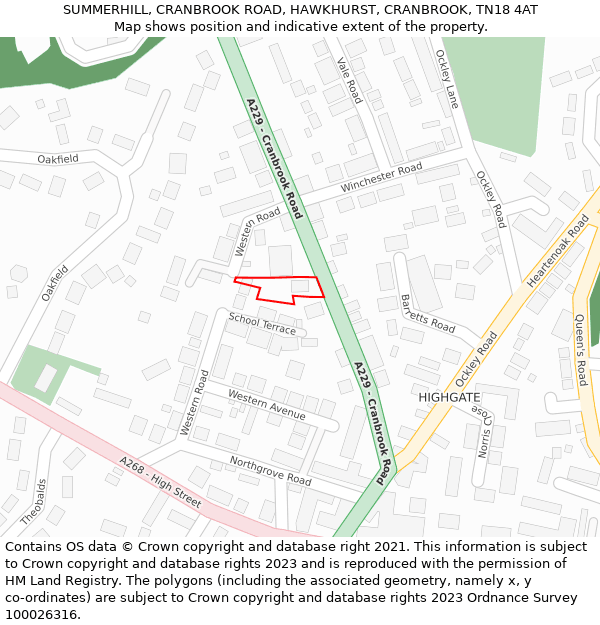 SUMMERHILL, CRANBROOK ROAD, HAWKHURST, CRANBROOK, TN18 4AT: Location map and indicative extent of plot