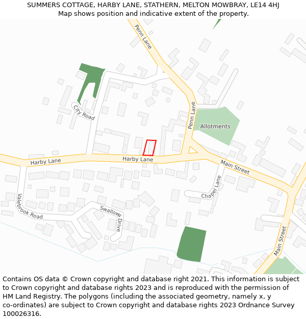 SUMMERS COTTAGE, HARBY LANE, STATHERN, MELTON MOWBRAY, LE14 4HJ: Location map and indicative extent of plot