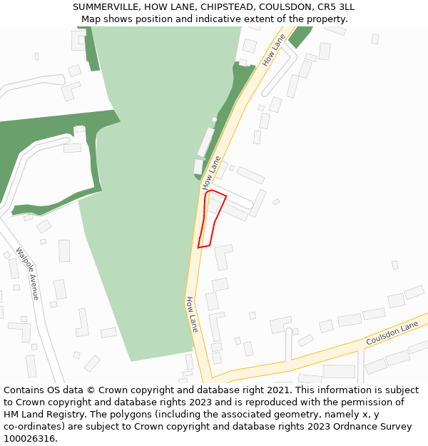 SUMMERVILLE, HOW LANE, CHIPSTEAD, COULSDON, CR5 3LL: Location map and indicative extent of plot