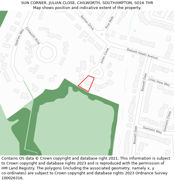 SUN CORNER, JULIAN CLOSE, CHILWORTH, SOUTHAMPTON, SO16 7HR: Location map and indicative extent of plot