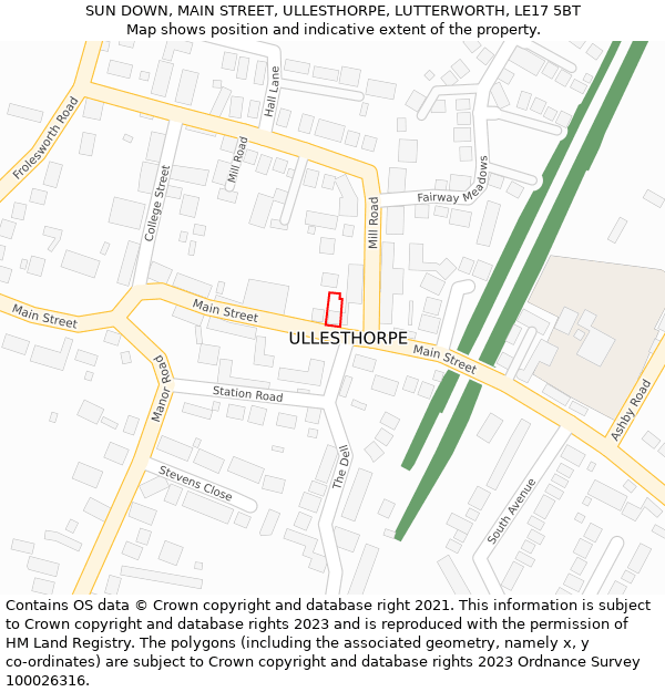 SUN DOWN, MAIN STREET, ULLESTHORPE, LUTTERWORTH, LE17 5BT: Location map and indicative extent of plot