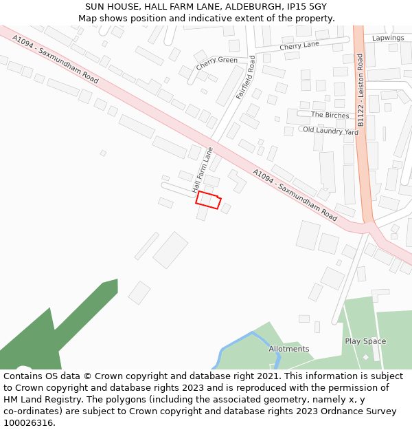 SUN HOUSE, HALL FARM LANE, ALDEBURGH, IP15 5GY: Location map and indicative extent of plot
