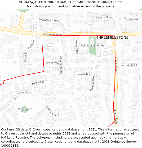 SUNALTA, GLENTHORNE ROAD, THREEMILESTONE, TRURO, TR3 6TT: Location map and indicative extent of plot