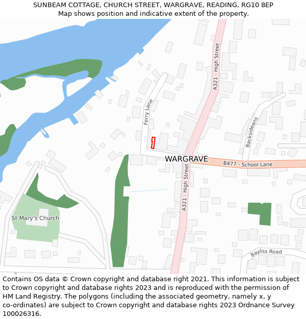 SUNBEAM COTTAGE, CHURCH STREET, WARGRAVE, READING, RG10 8EP: Location map and indicative extent of plot