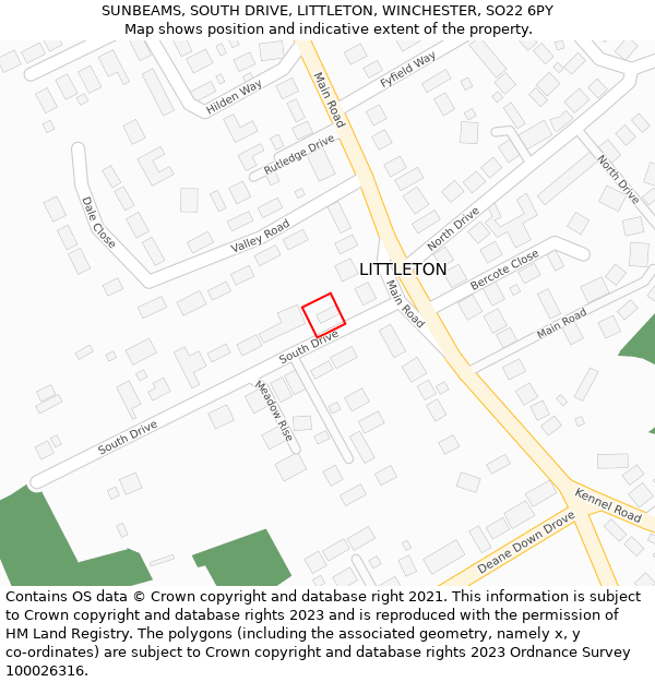 SUNBEAMS, SOUTH DRIVE, LITTLETON, WINCHESTER, SO22 6PY: Location map and indicative extent of plot