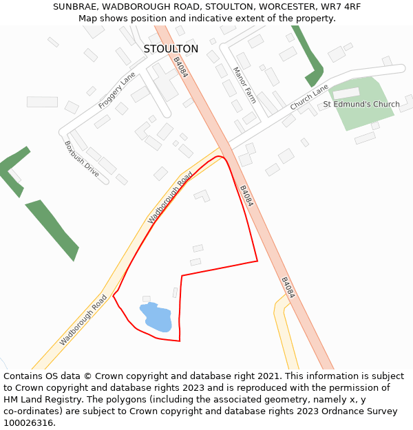 SUNBRAE, WADBOROUGH ROAD, STOULTON, WORCESTER, WR7 4RF: Location map and indicative extent of plot