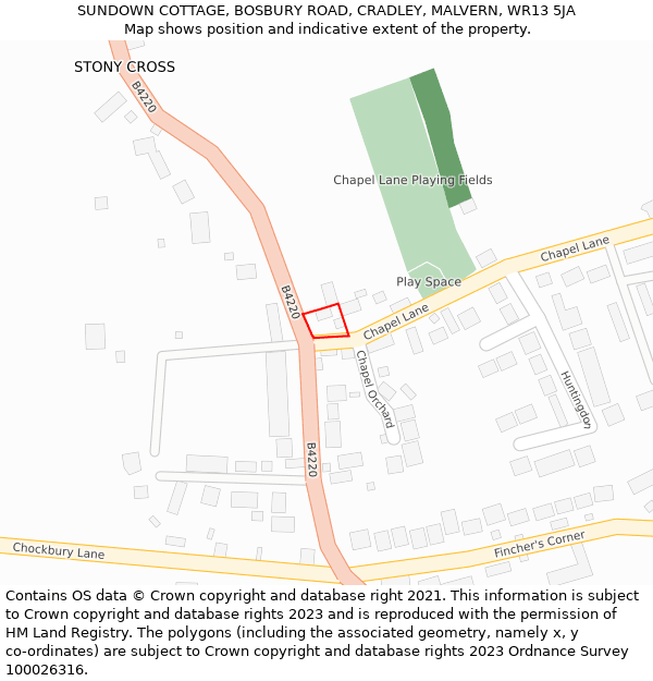 SUNDOWN COTTAGE, BOSBURY ROAD, CRADLEY, MALVERN, WR13 5JA: Location map and indicative extent of plot