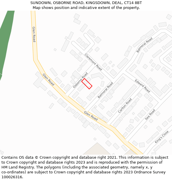 SUNDOWN, OSBORNE ROAD, KINGSDOWN, DEAL, CT14 8BT: Location map and indicative extent of plot