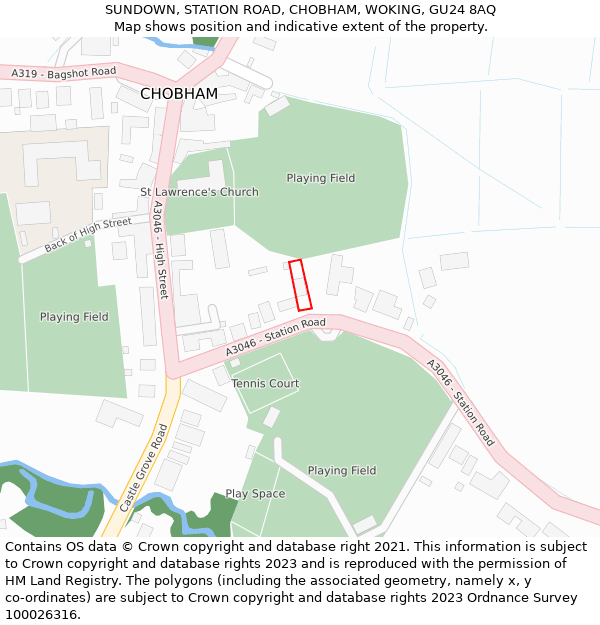 SUNDOWN, STATION ROAD, CHOBHAM, WOKING, GU24 8AQ: Location map and indicative extent of plot