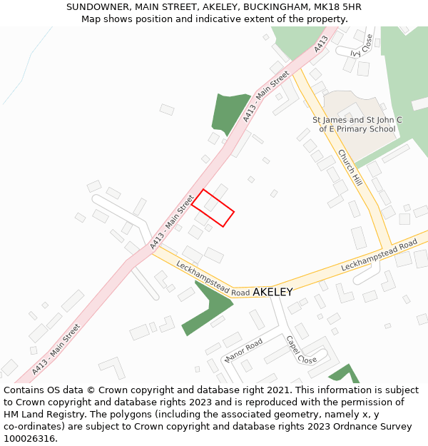 SUNDOWNER, MAIN STREET, AKELEY, BUCKINGHAM, MK18 5HR: Location map and indicative extent of plot