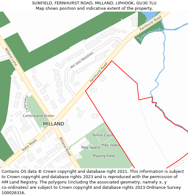 SUNFIELD, FERNHURST ROAD, MILLAND, LIPHOOK, GU30 7LU: Location map and indicative extent of plot