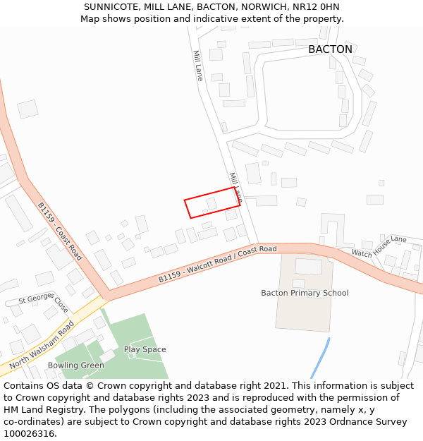 SUNNICOTE, MILL LANE, BACTON, NORWICH, NR12 0HN: Location map and indicative extent of plot