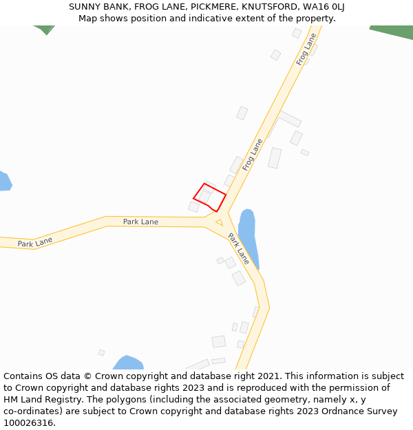SUNNY BANK, FROG LANE, PICKMERE, KNUTSFORD, WA16 0LJ: Location map and indicative extent of plot
