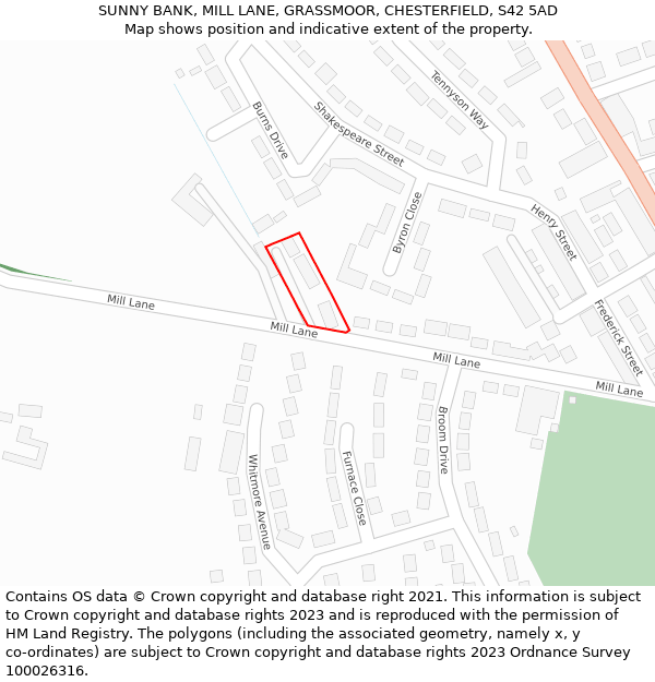 SUNNY BANK, MILL LANE, GRASSMOOR, CHESTERFIELD, S42 5AD: Location map and indicative extent of plot