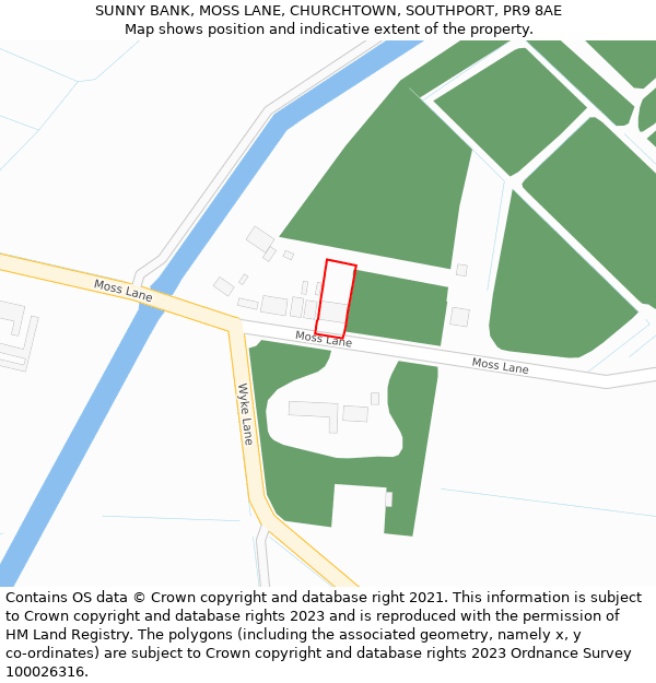 SUNNY BANK, MOSS LANE, CHURCHTOWN, SOUTHPORT, PR9 8AE: Location map and indicative extent of plot