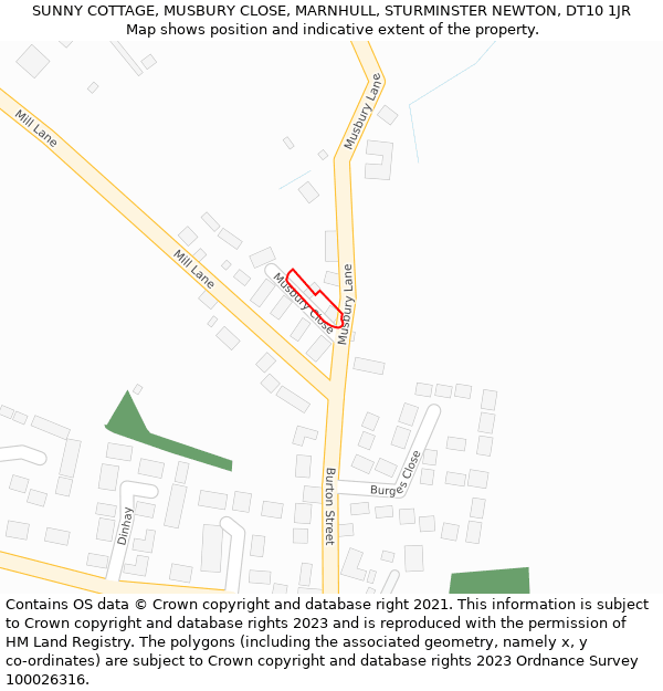 SUNNY COTTAGE, MUSBURY CLOSE, MARNHULL, STURMINSTER NEWTON, DT10 1JR: Location map and indicative extent of plot