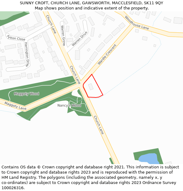 SUNNY CROFT, CHURCH LANE, GAWSWORTH, MACCLESFIELD, SK11 9QY: Location map and indicative extent of plot