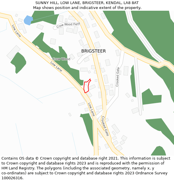 SUNNY HILL, LOW LANE, BRIGSTEER, KENDAL, LA8 8AT: Location map and indicative extent of plot