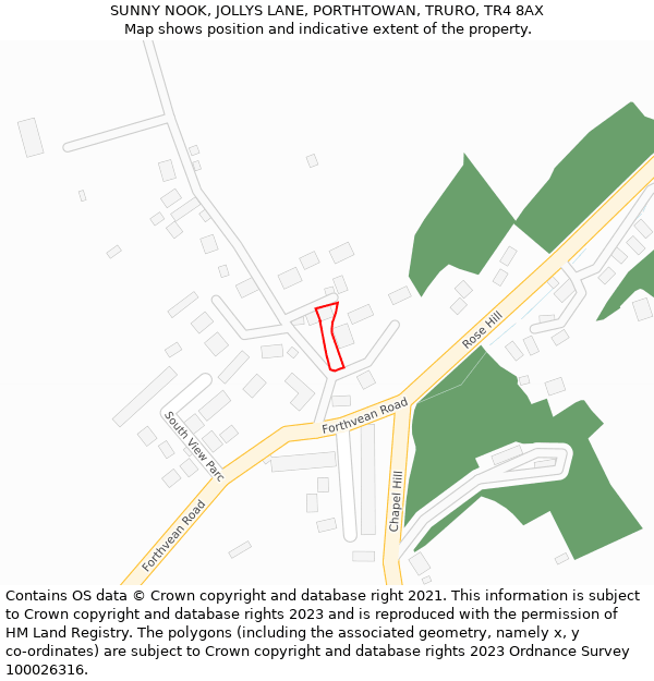 SUNNY NOOK, JOLLYS LANE, PORTHTOWAN, TRURO, TR4 8AX: Location map and indicative extent of plot