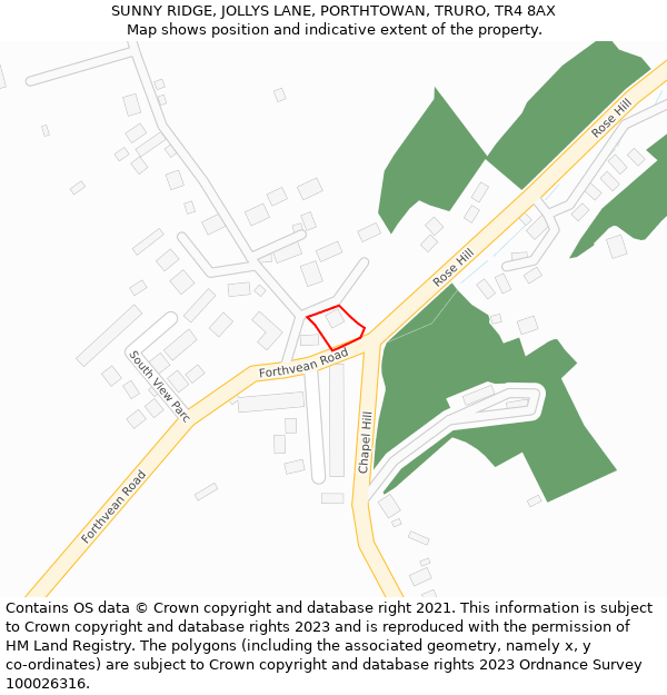 SUNNY RIDGE, JOLLYS LANE, PORTHTOWAN, TRURO, TR4 8AX: Location map and indicative extent of plot