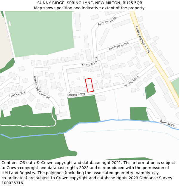 SUNNY RIDGE, SPRING LANE, NEW MILTON, BH25 5QB: Location map and indicative extent of plot