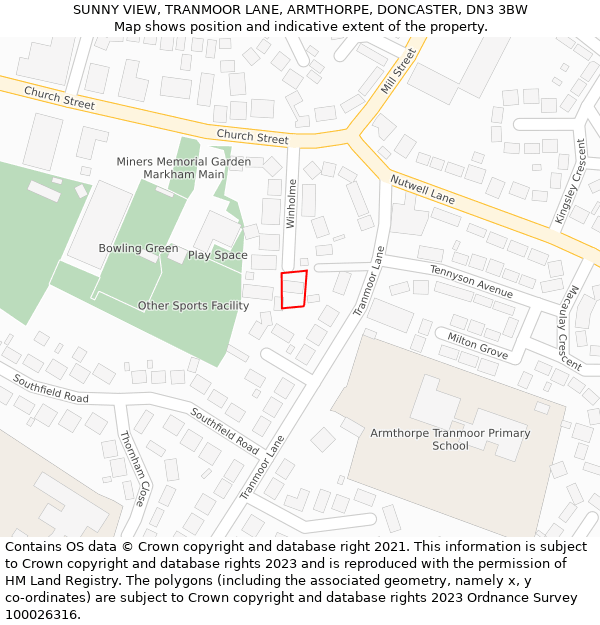 SUNNY VIEW, TRANMOOR LANE, ARMTHORPE, DONCASTER, DN3 3BW: Location map and indicative extent of plot