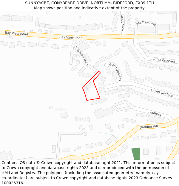 SUNNYACRE, CONYBEARE DRIVE, NORTHAM, BIDEFORD, EX39 1TH: Location map and indicative extent of plot