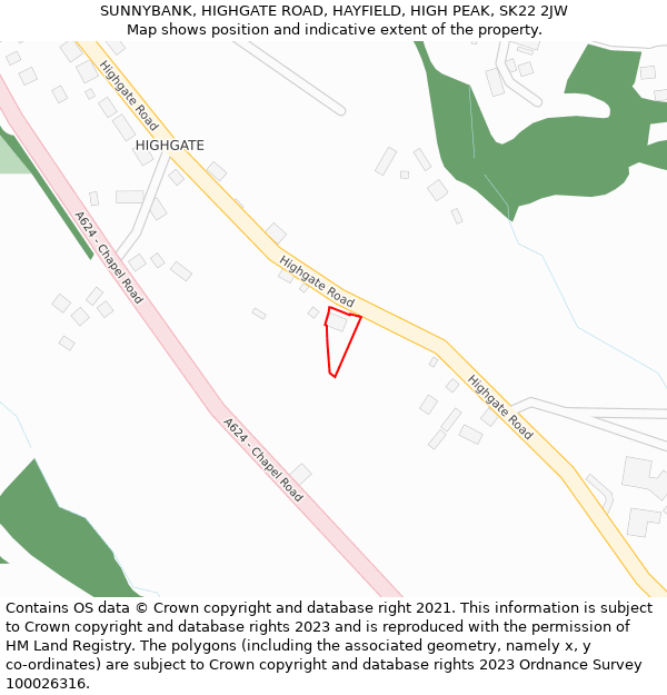 SUNNYBANK, HIGHGATE ROAD, HAYFIELD, HIGH PEAK, SK22 2JW: Location map and indicative extent of plot