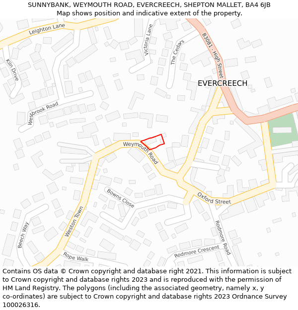 SUNNYBANK, WEYMOUTH ROAD, EVERCREECH, SHEPTON MALLET, BA4 6JB: Location map and indicative extent of plot