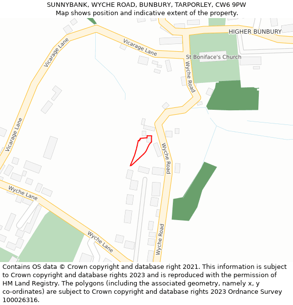 SUNNYBANK, WYCHE ROAD, BUNBURY, TARPORLEY, CW6 9PW: Location map and indicative extent of plot