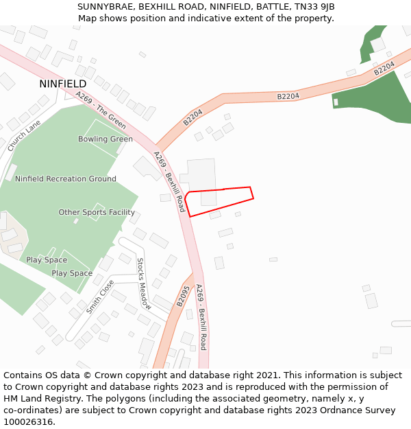 SUNNYBRAE, BEXHILL ROAD, NINFIELD, BATTLE, TN33 9JB: Location map and indicative extent of plot