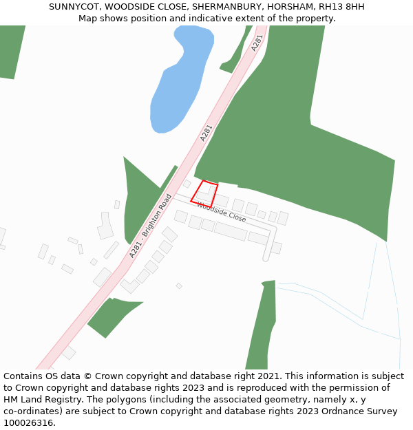 SUNNYCOT, WOODSIDE CLOSE, SHERMANBURY, HORSHAM, RH13 8HH: Location map and indicative extent of plot