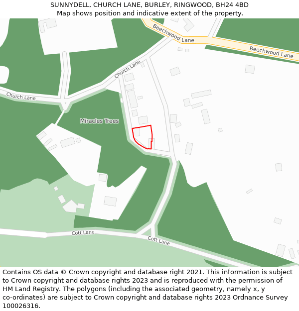 SUNNYDELL, CHURCH LANE, BURLEY, RINGWOOD, BH24 4BD: Location map and indicative extent of plot