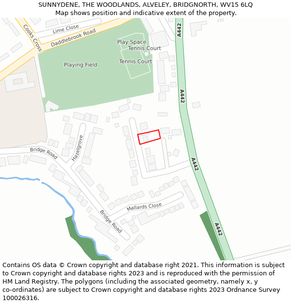 SUNNYDENE, THE WOODLANDS, ALVELEY, BRIDGNORTH, WV15 6LQ: Location map and indicative extent of plot