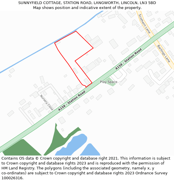 SUNNYFIELD COTTAGE, STATION ROAD, LANGWORTH, LINCOLN, LN3 5BD: Location map and indicative extent of plot