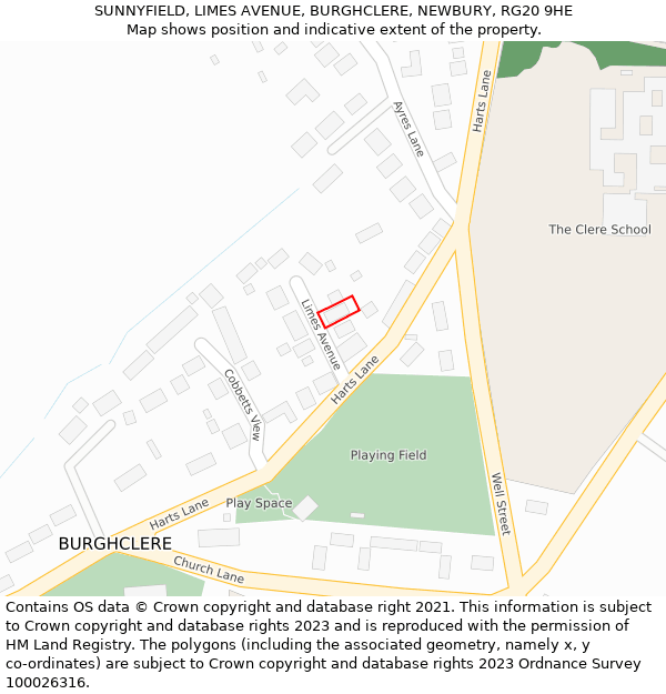 SUNNYFIELD, LIMES AVENUE, BURGHCLERE, NEWBURY, RG20 9HE: Location map and indicative extent of plot