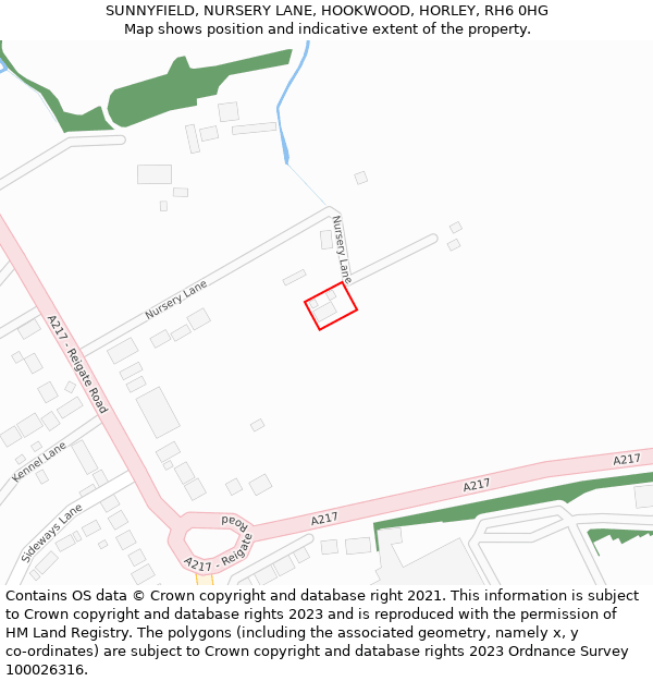 SUNNYFIELD, NURSERY LANE, HOOKWOOD, HORLEY, RH6 0HG: Location map and indicative extent of plot