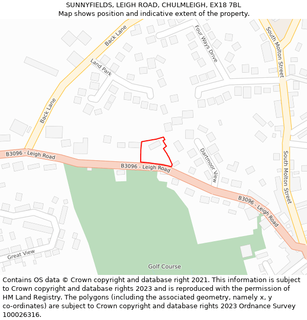 SUNNYFIELDS, LEIGH ROAD, CHULMLEIGH, EX18 7BL: Location map and indicative extent of plot