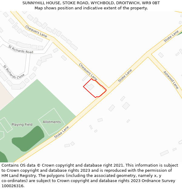 SUNNYHILL HOUSE, STOKE ROAD, WYCHBOLD, DROITWICH, WR9 0BT: Location map and indicative extent of plot