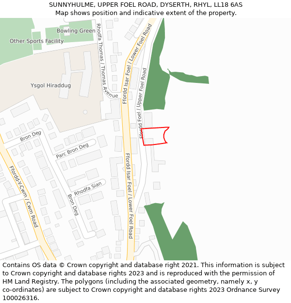 SUNNYHULME, UPPER FOEL ROAD, DYSERTH, RHYL, LL18 6AS: Location map and indicative extent of plot