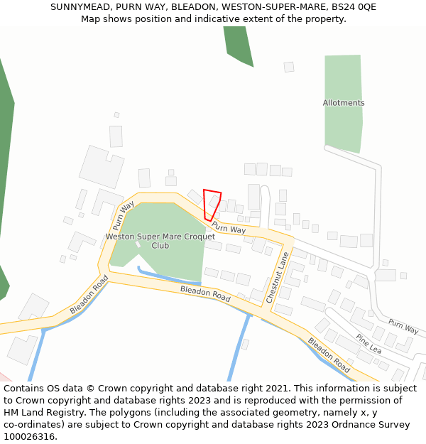 SUNNYMEAD, PURN WAY, BLEADON, WESTON-SUPER-MARE, BS24 0QE: Location map and indicative extent of plot