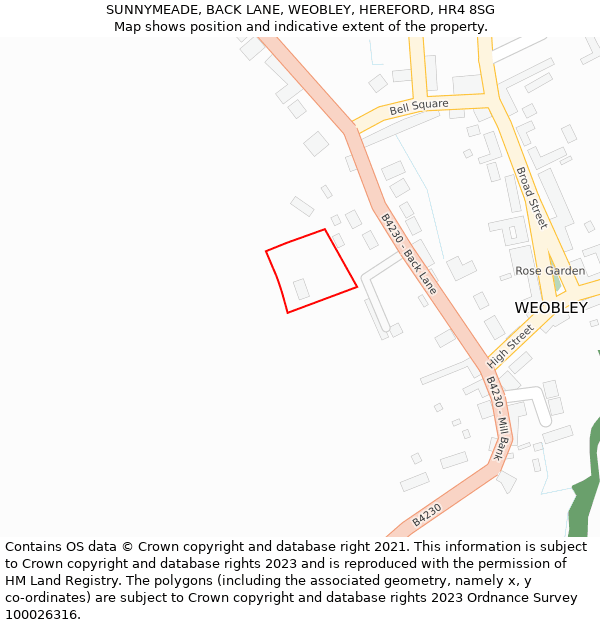 SUNNYMEADE, BACK LANE, WEOBLEY, HEREFORD, HR4 8SG: Location map and indicative extent of plot