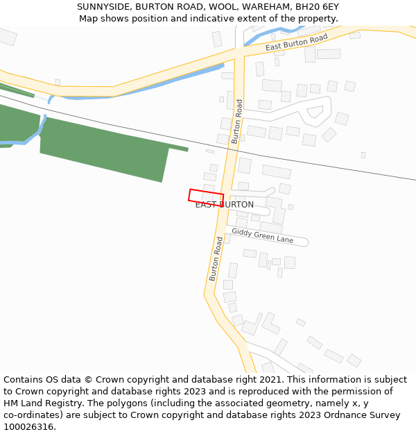 SUNNYSIDE, BURTON ROAD, WOOL, WAREHAM, BH20 6EY: Location map and indicative extent of plot